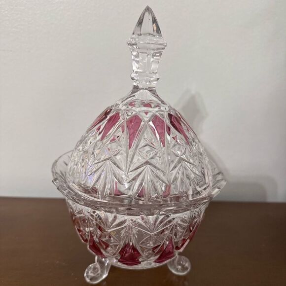 Vintage Cranberry Flashed Pressed Glass Candy Dish | Lidded Compote | Footed - Picture 1 of 3
